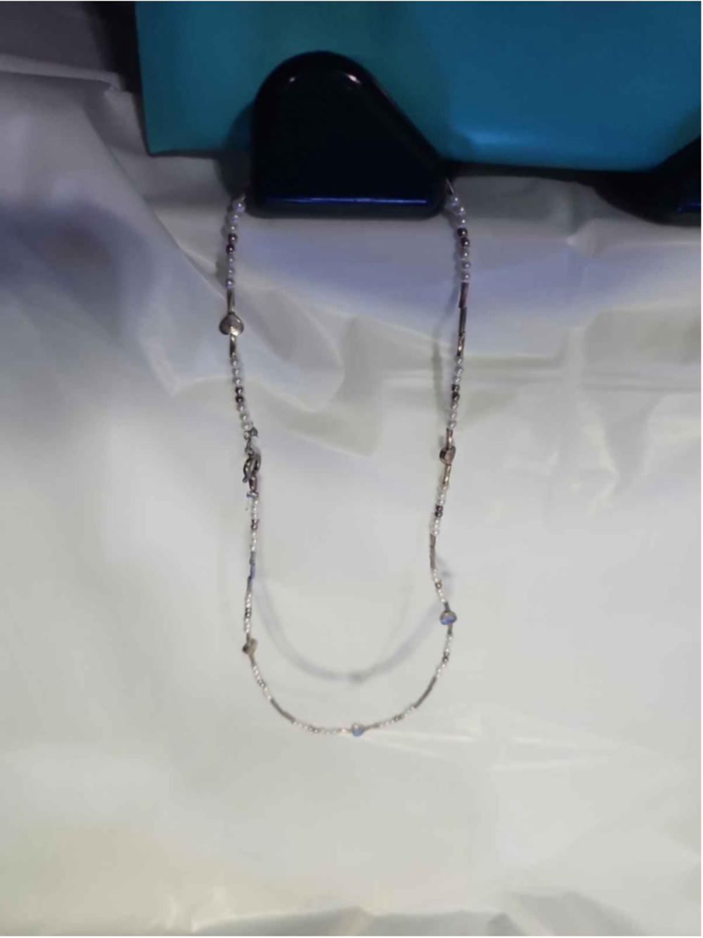 Silver Tone Pearl Bead Necklace, Heart Charm, Blue Accents